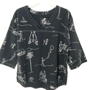 Produce Company M Beach Pullover Artsy Gauze Crinkle boats ocean Lagenlook black
